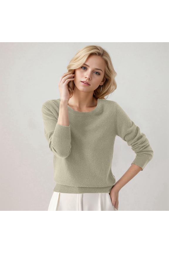 Womens Fall Sweaters Casual Soft Knit Basic Pullover Sweater Lightweight Crewneck Long Sleeve Jumper Tops Khaki XXXL