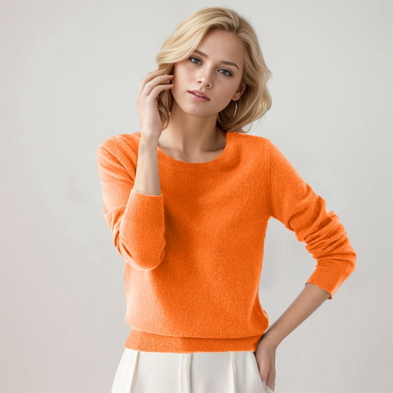 LEKDFST Womens Fall Sweaters Casual Soft Knit Basic Pullover Sweater Lightweight Crewneck Long Sleeve Jumper Tops Orange XXXL