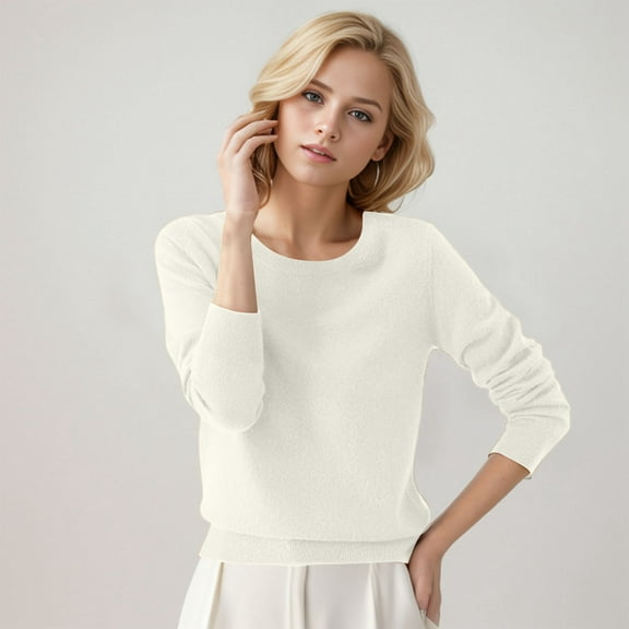 LEKDFST Womens Fall Sweaters Casual Soft Knit Basic Pullover Sweater Lightweight Crewneck Long Sleeve Jumper Tops White XXXL