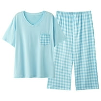 LEKDFST Womens Plus Size Pajama Set Short Sleeve Sleepwear Top and Plaid Capri Pjs 2 Pcs Lounge Sets with Pockets Light Blue XXL