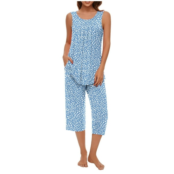 LEKDFST Womens Sleeveless Pajama Sets 2 Piece Sleepwear Summer Lounge Outfits Tanks Capri Pants Ladies Pjs Sky Blue M