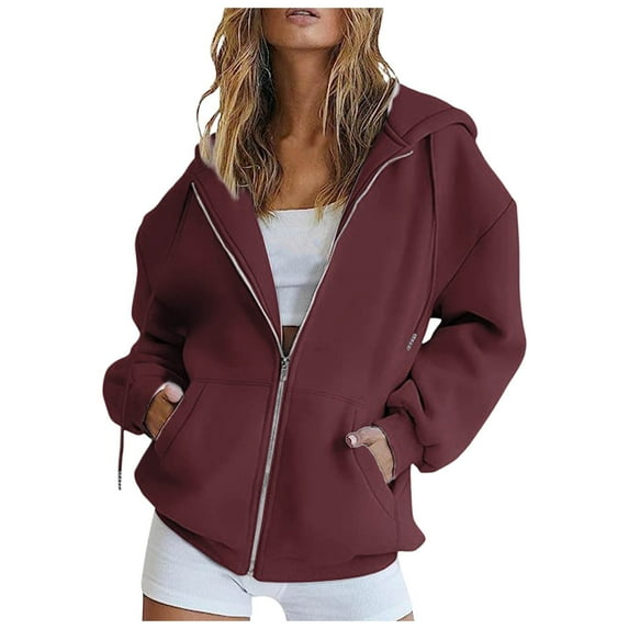 LEKDFST Womens Zip Up Hoodies Trendy Oversized Sweatshirts for Teen Girls Y2K Cute Solid Pullover with Drawstring Casual Fall Jacket Wine M