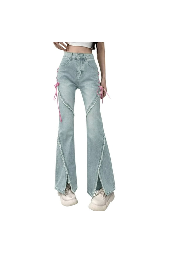 Y2K Baggy Jeans for Women Teen Girls Bow Cute Flare Denim Jeans High Waisted Pants Scene Trousers Blue S