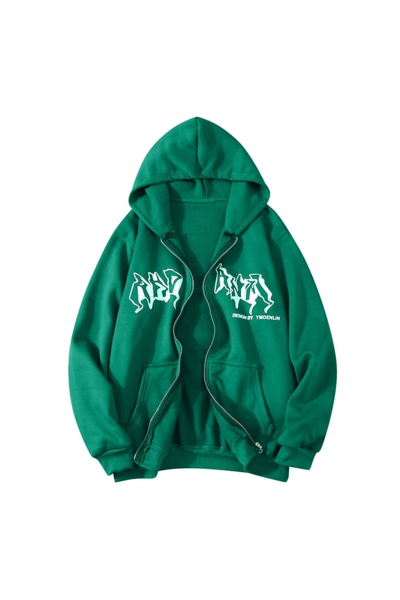 Y2K Full Zip Up Hoodie for Women Letter Print Hooded Sweatshirt Trendy Graphic Long Sleeve Fall Jacket with Drawstring Green M