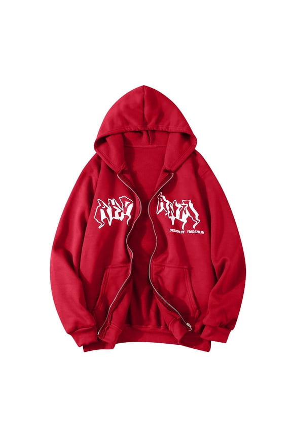 Y2K Full Zip Up Hoodie for Women Letter Print Hooded Sweatshirt Trendy Graphic Long Sleeve Fall Jacket with Drawstring Red M