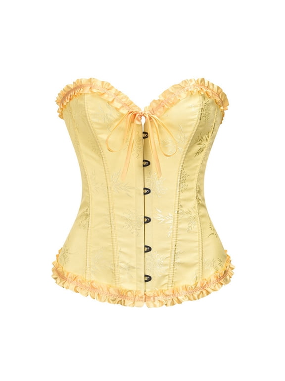 Yellow Lace Corset Tops for Women Overbust Floral Push Up Renaissance Corsets Body Shaping Belly Control Shapewear Bustier Tops S