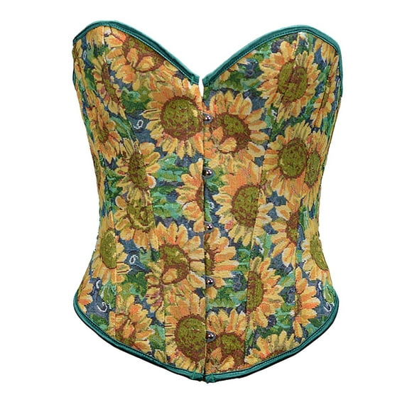 LEKDFST Yellow Overbust Corset Tops For Women Strapless Bodysuit With Sunflower Print Shaping Bust Support Renaissance Corset Lingerie Bodyshaper M