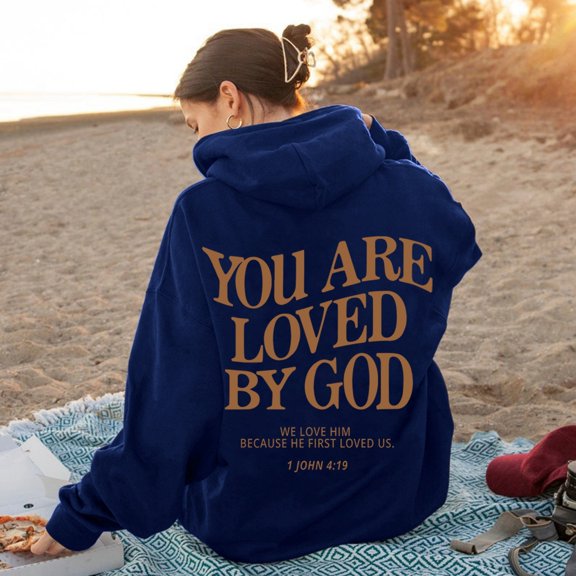 LEKDFST You Are Loved By God Graphic Hoodies for Women Teen Girls Christian Faith Sweatshirts Bible Verse Religious Hoodie Pullover Tops Navy XL
