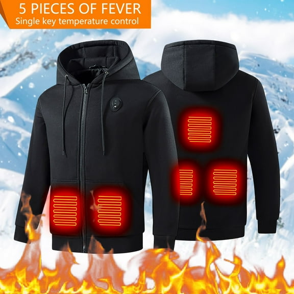 LEKDFST Zip up Heated Hoodies for Men 5 Heat Zones Lightweight USB Electric Heating Sweatshirt Warm Outdoor Winter Jacket No Battery Black L