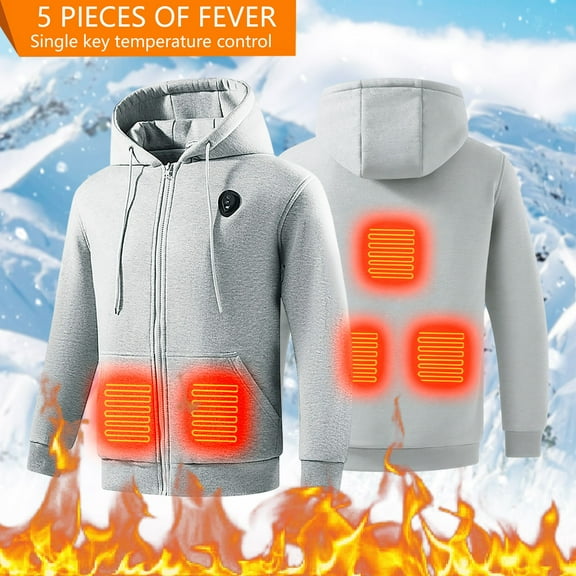 LEKDFST Zip up Heated Hoodies for Men 5 Heat Zones Lightweight USB Electric Heating Sweatshirt Warm Outdoor Winter Jacket No Battery Grey M