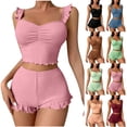 thumbnail image 1 of LEKEK Pajamas for Women Set Ribbed Ruffle Cute Cami Pajama Set Crop Tops and Shorts Slim Fit Solid Lounge Wear Summer Soft 2 Piece Sleepwear, 1 of 6