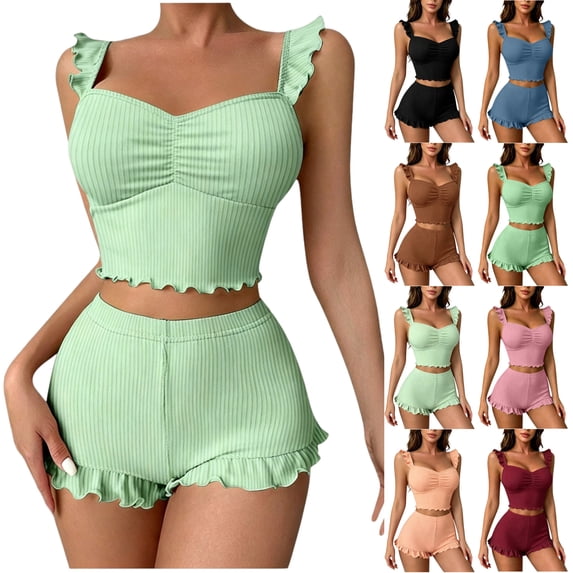LEKEK Pajamas for Women Set Ribbed Ruffle Cute Cami Pajama Set Crop Tops and Shorts Slim Fit Solid Lounge Wear Summer Soft 2 Piece Sleepwear
