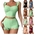 thumbnail image 1 of LEKEK Pajamas for Women Set Ribbed Ruffle Cute Cami Pajama Set Crop Tops and Shorts Slim Fit Solid Lounge Wear Summer Soft 2 Piece Sleepwear, 1 of 6