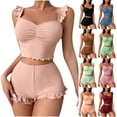 thumbnail image 1 of LEKEK Pajamas for Women Set Ribbed Ruffle Cute Cami Pajama Set Crop Tops and Shorts Slim Fit Solid Lounge Wear Summer Soft 2 Piece Sleepwear, 1 of 6