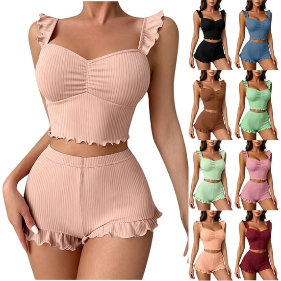 LEKEK Pajamas for Women Set Ribbed Ruffle Cute Cami Pajama Set Crop Tops and Shorts Slim Fit Solid Lounge Wear Summer Soft 2 Piece Sleepwear