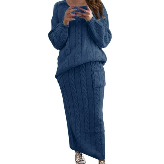 LEKODE 2 Piece Outfits Sweater Skirt Set Sweater Skirt Set Cable Knit Sweater Set Two Piece Set Sweatsuits Women 2 Piece Outfit Workout Sets for Women Fall Skirt Blue 5xl