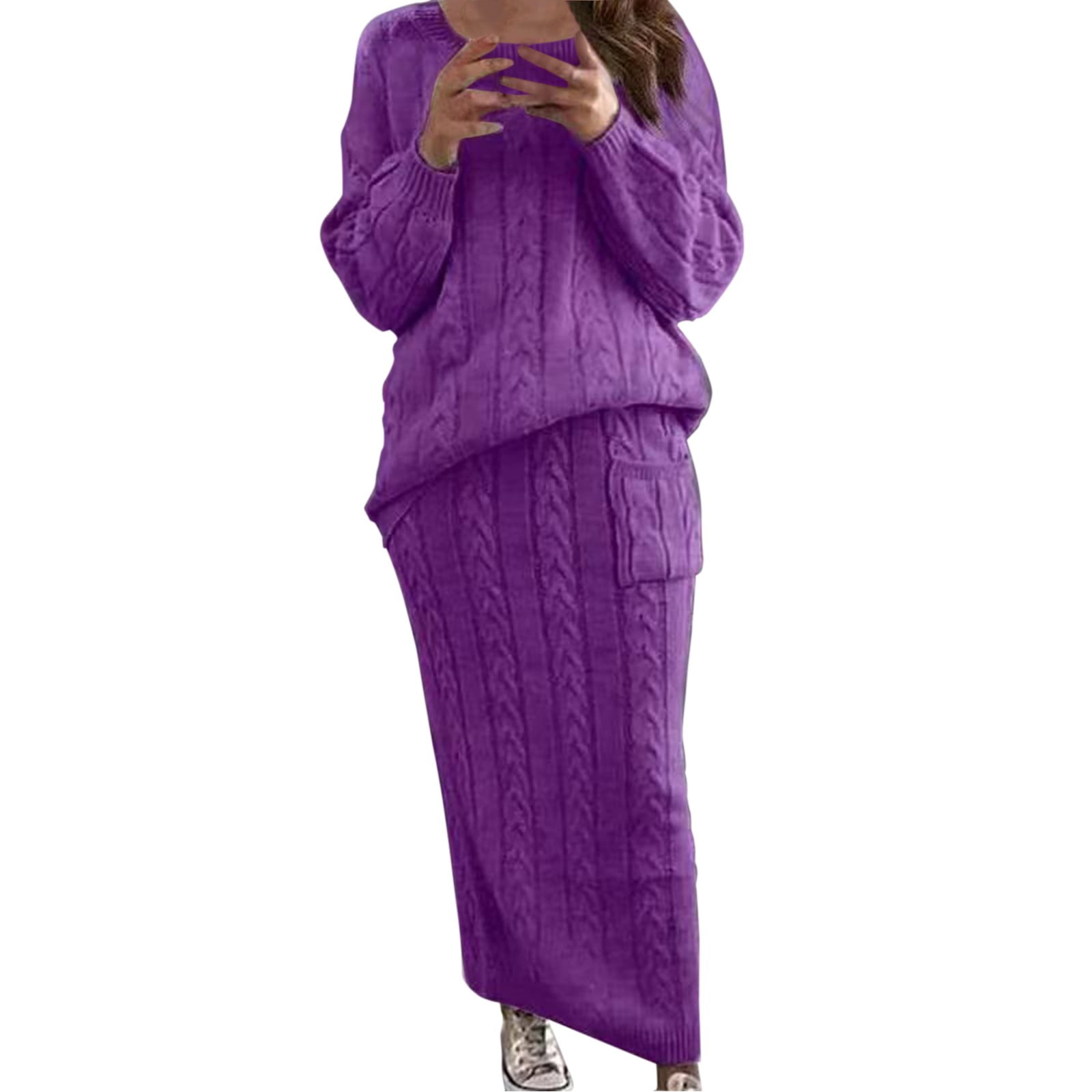 LEKODE 2 Piece Outfits Sweater Skirt Set Sweater Skirt Set Cable Knit ...