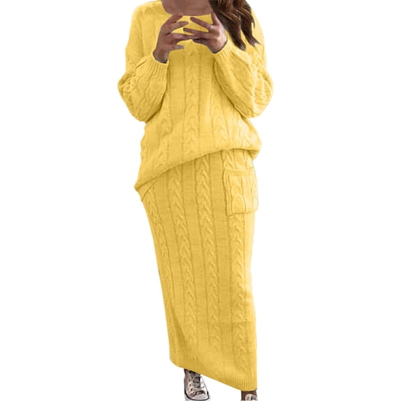 LEKODE 2 Piece Outfits Sweater Skirt Set Sweater Skirt Set Cable Knit Sweater Set Womens Two Piece Sets Summer Women Sets 2 Piece Outfits Fall Skirt Two Piece Set Yellow 2xl