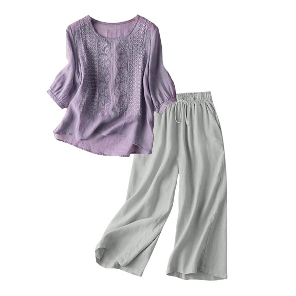 LEKODE 2 Piece Sets for Women Summer Linen Short Sets for Women Matching Sets Women Clothing Linen Sets for Women 2 Piece Sweatsuit Lounge Set Womens Purple 3xl