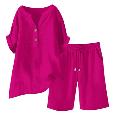 Women's 2 Piece Lounge Set - Cozy Short Sleeve Top & Side Slit Shorts, Loose Fit Summer Outfit