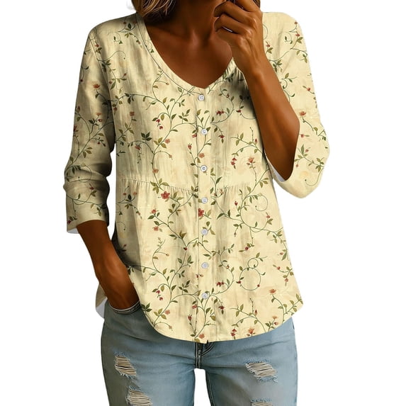 LEKODE 2026 Summer Women Floral Print Linen Blouse 3/4 Sleeve V Neck Button Down Casual Loose Boho Tunic Shirt Green XL