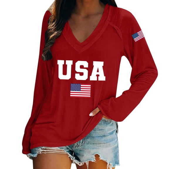 LEKODE 4th of July Shirts for Women: Fourth of July T-Shirt USA American Flag Long Sleeve Patriotic Tops Red L