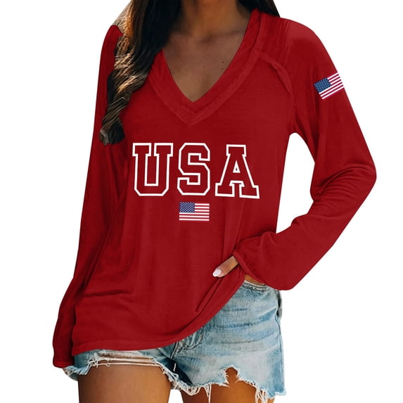 LEKODE 4th of July Shirts for Women: Fourth of July T-Shirt USA American Flag Long Sleeve Patriotic Tops Red L