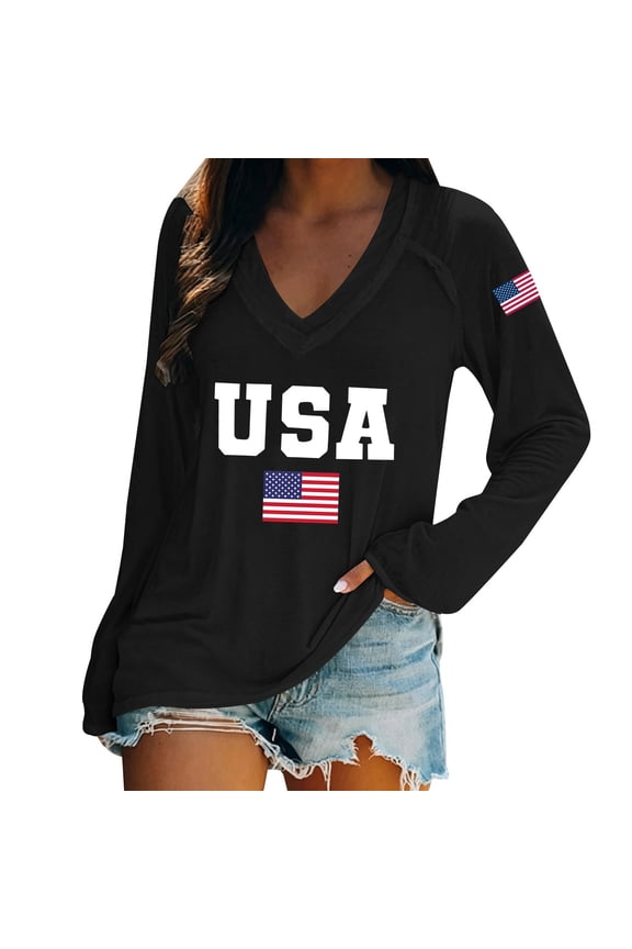 American Flag Shirts for Women 4th of July T Shirt USA Stars Stripes Patriotic Tops Casual Long Sleeve Tees Black XL