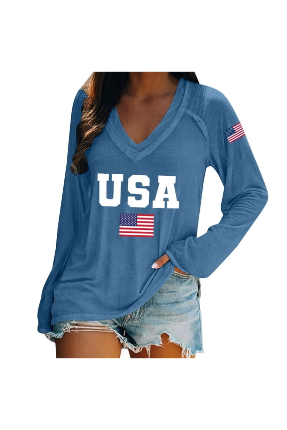American Flag Shirts for Women 4th of July T Shirt USA Stars Stripes Patriotic Tops Casual Long Sleeve Tees Sky Blue 2XL