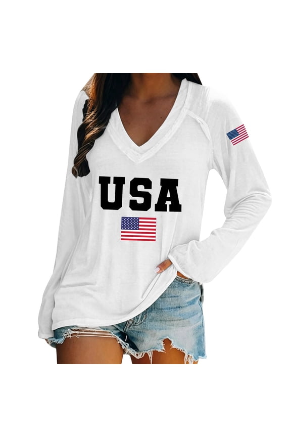 American Flag Shirts for Women 4th of July T Shirt USA Stars Stripes Patriotic Tops Casual Long Sleeve Tees White S