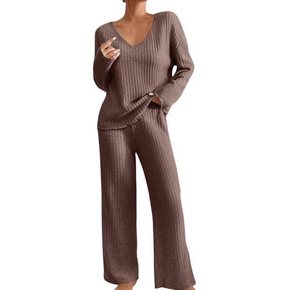 LEKODE Baggy Sweater Two Piece Suits for Women Thermal Sweater for Women Cute Tops for Women Jogger Sets for Women Thermal Tops for Women Going Out Sets for Women Brown M