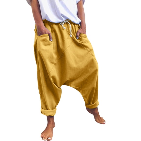 LEKODE Baggy Wide Leg Pants for Women Adjustable Drawstring Elastic Waist Sweatpants Plus Size Harem Palazzo Trousers with Pockets Yellow 2XL