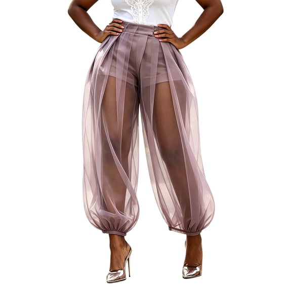 LEKODE Balloon Pants Women Baggy High Waist Pleated Wide Leg See Through Sheer Barrel Lantern Trouser with Built-in Shorts Light Violet M