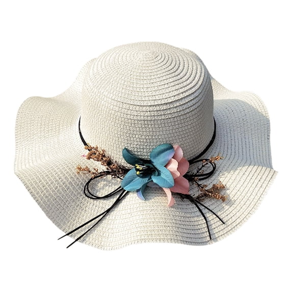 LEKODE Beach Straw Hats for Women Sun Hat with Wide Brim Flower Summer Floppy Beach Hats Packable Floppy Straw Garden Hat White One Size