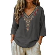 LEKODE Boho Tops for Women Cotton Hawaiian Shirts Mexican Embroidered Tops for Women Hippie Clothes Mexican Shirts Lightweight Linen Blouses for Women Trendy Gray L