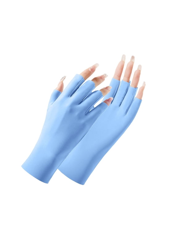Breathable Stretch Fingerless Sun Protection Gloves, Wrist‑Length Sun Light Blocking Gloves for Gel Manicure Nail Lamp, Sun Protection for Outdoor Driving Home Salon Use Sky Blue One Size