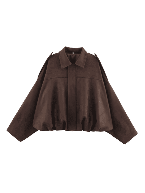 Bubble Hem Jacket, Women's Puff Sleeve Bomber Jacket, Oversized Bat Sleeve Front Zip Up Street Casual Lapel Streetwear Jackets Coffee L