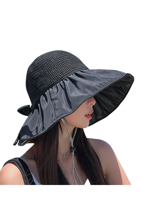Bucket Hat Umbrella Hat Straw Bucket Hat Beach Hats for Women Fishing Hat Bucket Hats for Woman Sun Hats for Women Uv Protection Black One Size