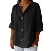 LEKODE Button Down Shirts for Women Tunic Tops Loose Cotton Linen V Neck Button Up Shirts long button down shirts for women classy shirts for women v Neck Tunic Tops Button Tops womens tops Black L