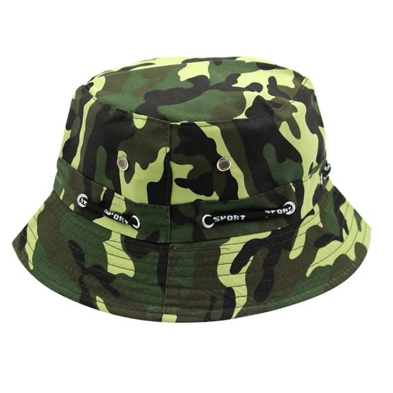 LEKODE Camo Bucket Hat for Men Women, Wide Brim UV‑Protection Boonie Hat, Adjustable Drawstring Fishing Hat for Hiking Camping Outdoor Activities Army Green One Size
