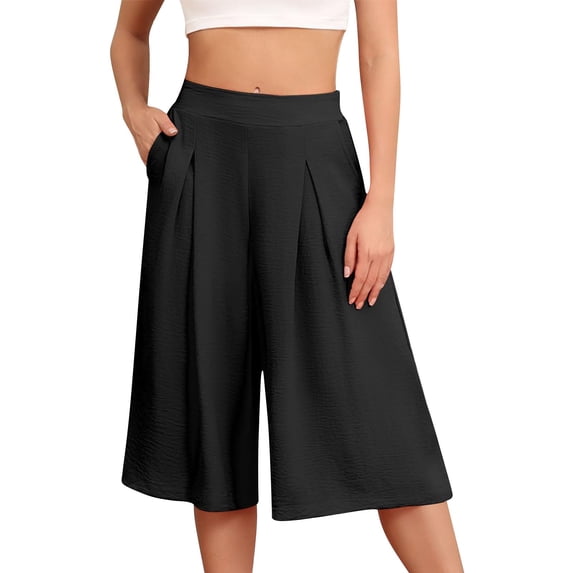 LEKODE Capri Pants for Women Wide Leg Pants Elastic Waist Gaucho Culottes Summer Flowy Palazzo Pant with Pockets Black L
