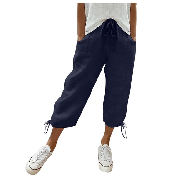 LEKODE Capris Pants for Women Comfortable Pants for Women Gym Clothes for Woman Wide Leg Pants Woman Plus Size Pants Beach Pants for Women Dark Blue 2XL