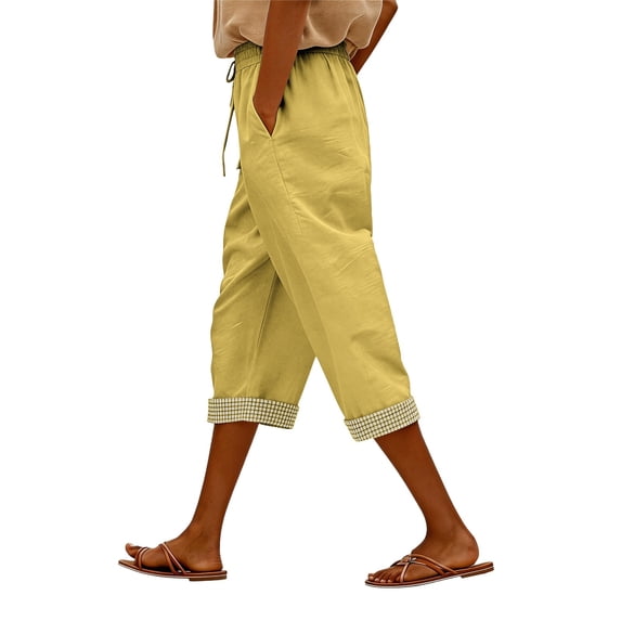 LEKODE Capris Pants for Women Cotton Linen Casual Summer Straight Wide Leg Loose Drawstring Elastic Cropped Trouser Yellow L