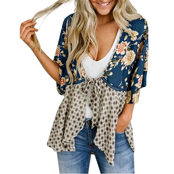 LEKODE Casual Boho Women's Printed Kimono Top 3/4 Sleeve Tie Front Open Front Flowy Cardigan Dark Blue 3XL
