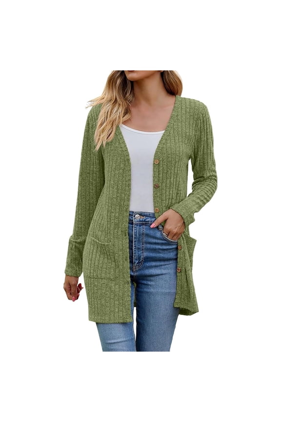 Casual Long Sleeve Knit Outerwear Button Down Open Front Women Everyday Fall Duster Tops Green L