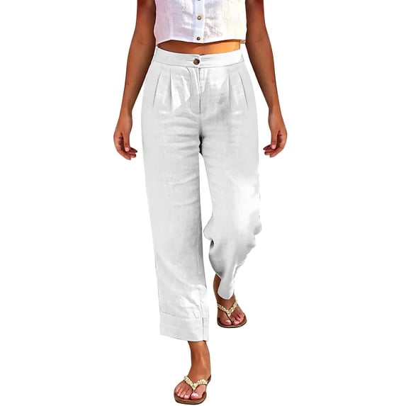 LEKODE Cotton Linen Pants Women High Waisted Straight Leg Lounge Pants Vacation Beach Trousers Summer Versatile Trousers White 3XL
