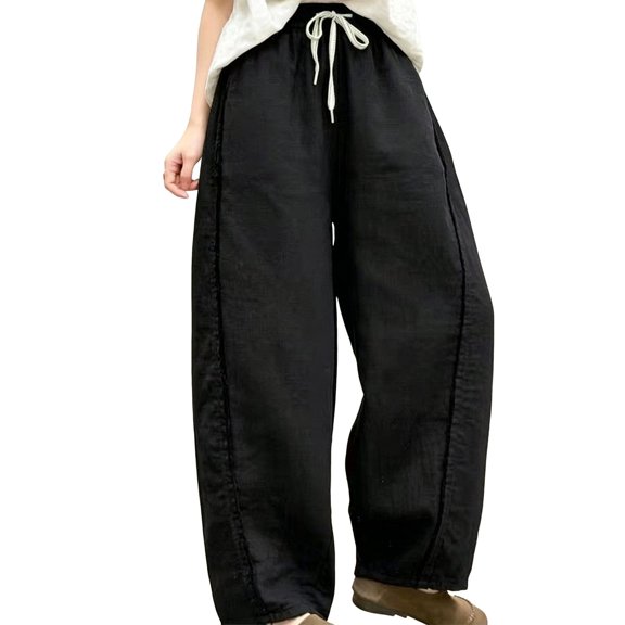LEKODE Cotton Linen Pants Women Wide Leg Barrel Lantern Ankle Trousers Drawstring Elastic Waist Raw Edge with Pockets Black M