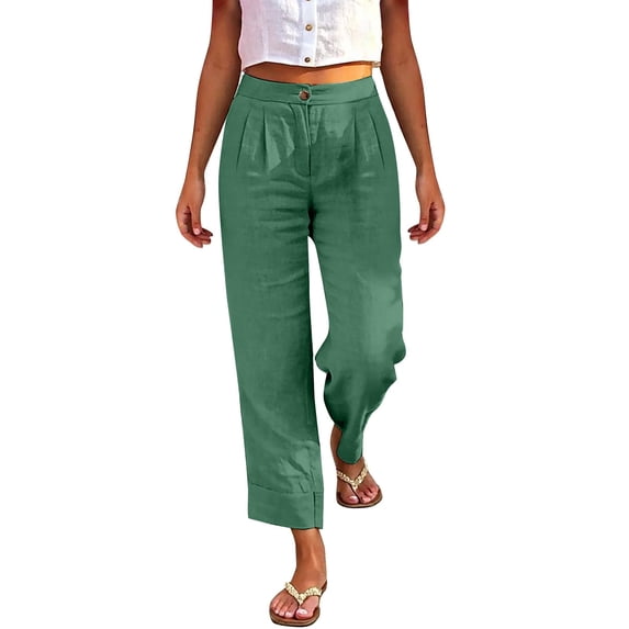 LEKODE Cotton Linen Pants Women Wide Leg Straight Leg Trousers with Pocket Green M