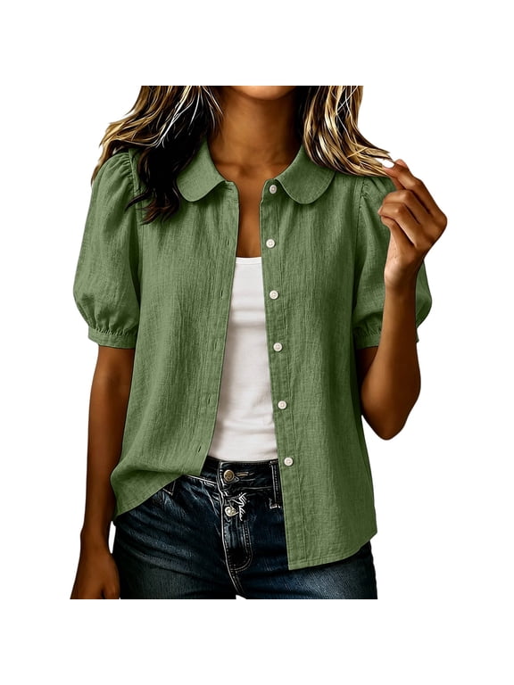 Cotton Linen Shirts for Women Summer Short Sleeve Blouse Peter Pan Collar Vintage Tops Pearl Button Down Tunic Tee Green M