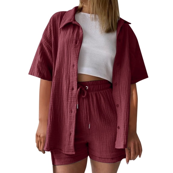 LEKODE Cotton Linen Short Sets 2 Piece Button Down Short Sleeve Shirts Cute Shorts Beach Vacation Lounge Matching Outfits Wine M